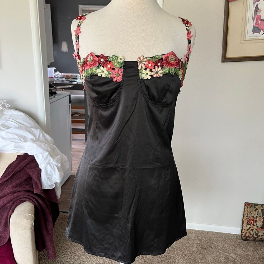 VTG Black Satin Slip Dress Floral Applique Straps Bustier Mini S M